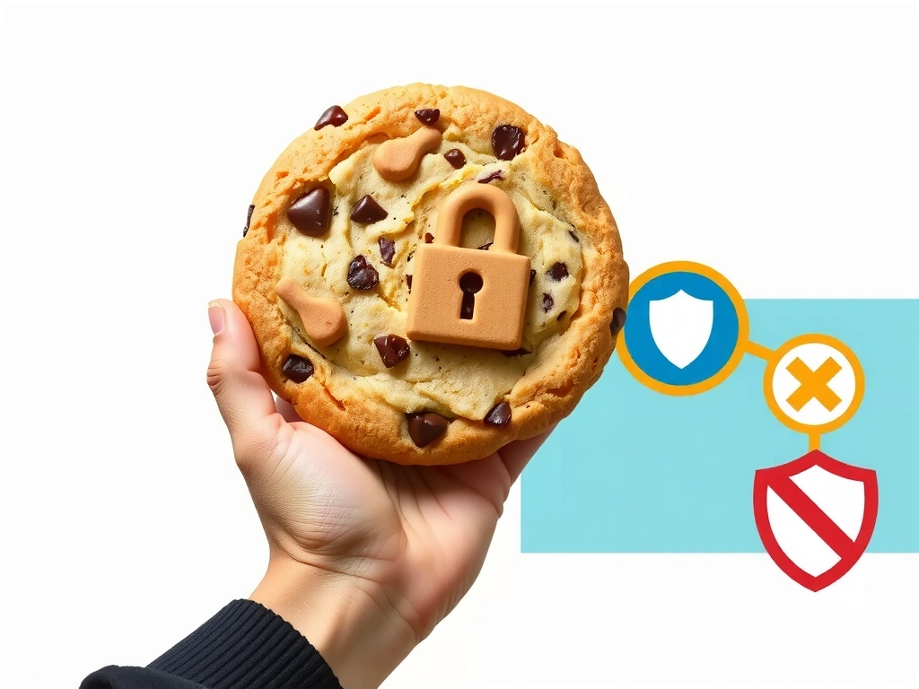 Eine Hand hält ein großes Cookie mit Symbolen für Privatsphäre und Sicherheit.