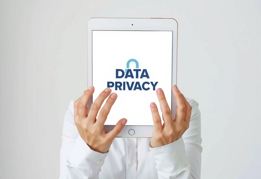 Eine Person, die ein Tablet mit einem Formular zum Datenschutz hält, umgeben von schützenden Händen