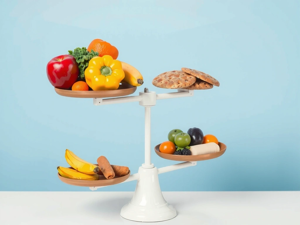Eine Waage, die ein gesundes Gleichgewicht zwischen Obst und Gemüse auf der einen Seite und ungesunden Lebensmitteln auf der anderen Seite darstellt.