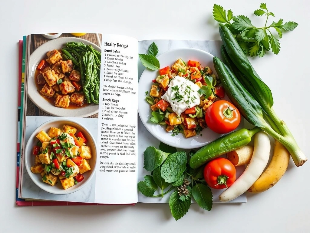 Geöffnetes Rezeptbuch mit bunten, gesunden Gerichten, daneben frische Zutaten wie Gemüse und Kräuter.