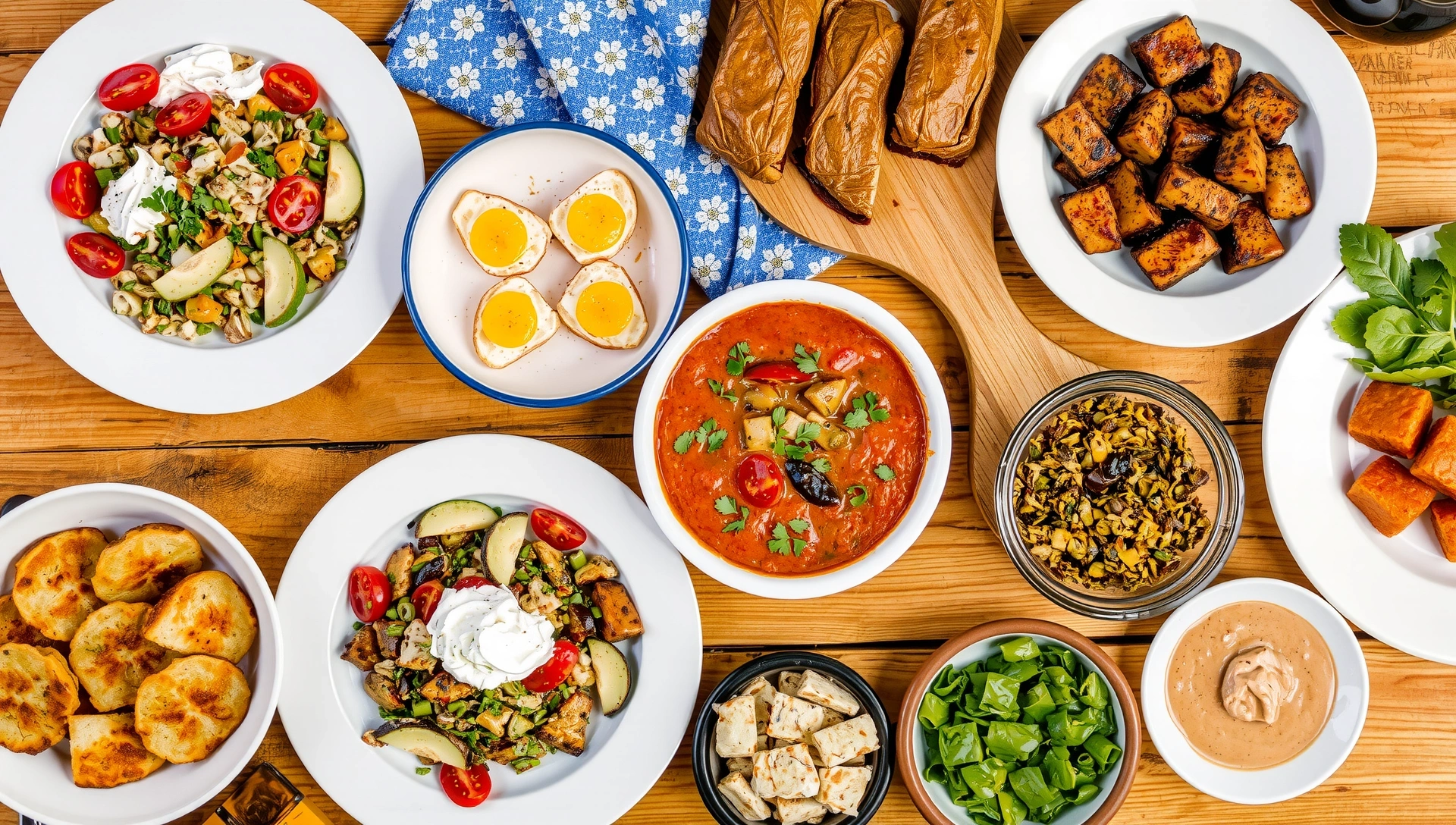 Vielfältige gesunde Lebensmittel ästhetisch auf einem rustikalen Holztisch arrangiert, hell und einladend.