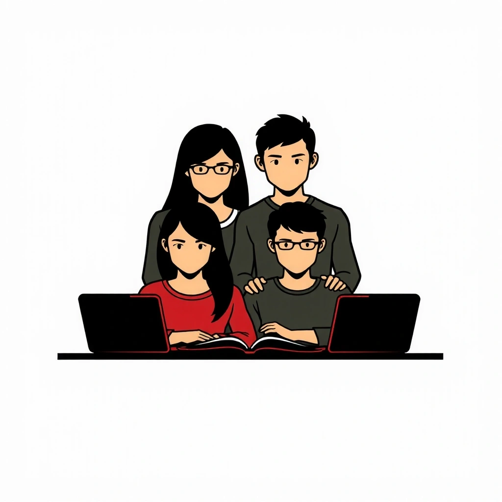 Stylized icon representing a group of people learning, no text.