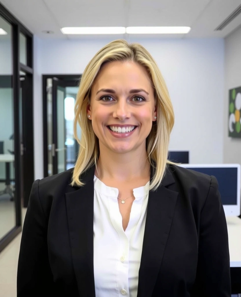 Professional, friendly portrait of a nutritionist in a clean setting, no text.